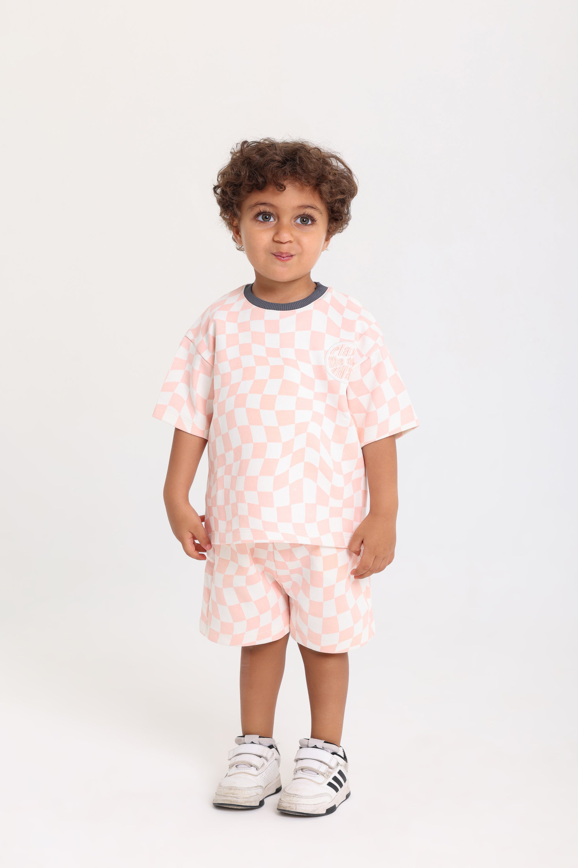 baby boys cotton outfit set – off-white & salmon with "play the day away" embroidery
