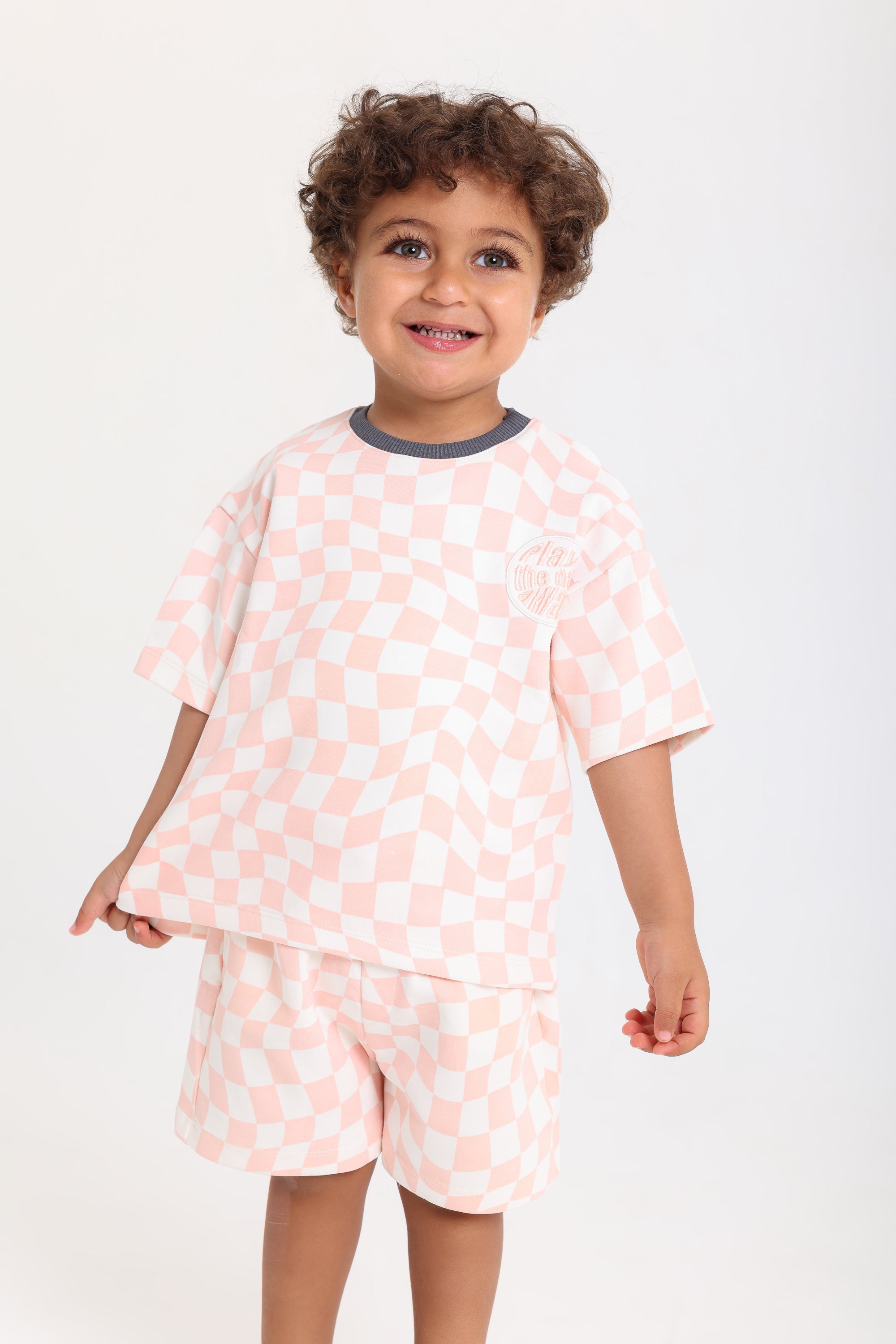 baby boys cotton outfit set – off-white & salmon with "play the day away" embroidery