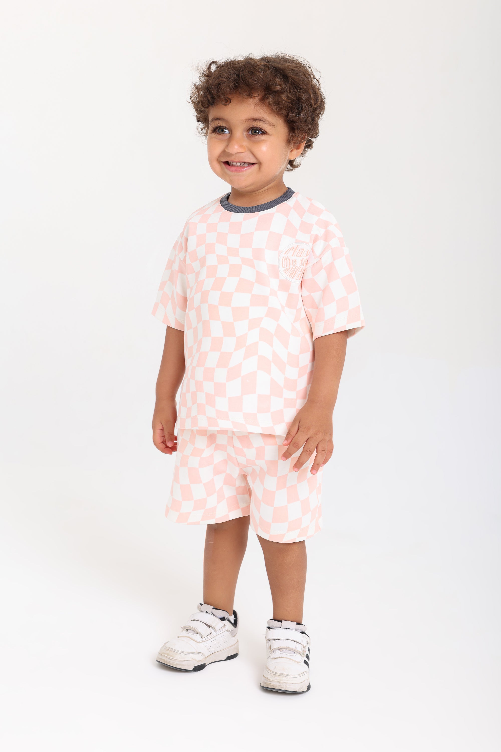 baby boys cotton outfit set – off-white & salmon with "play the day away" embroidery