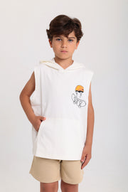 boys cotton hooded sleeveless t-shirt – off-white with "out we go" print