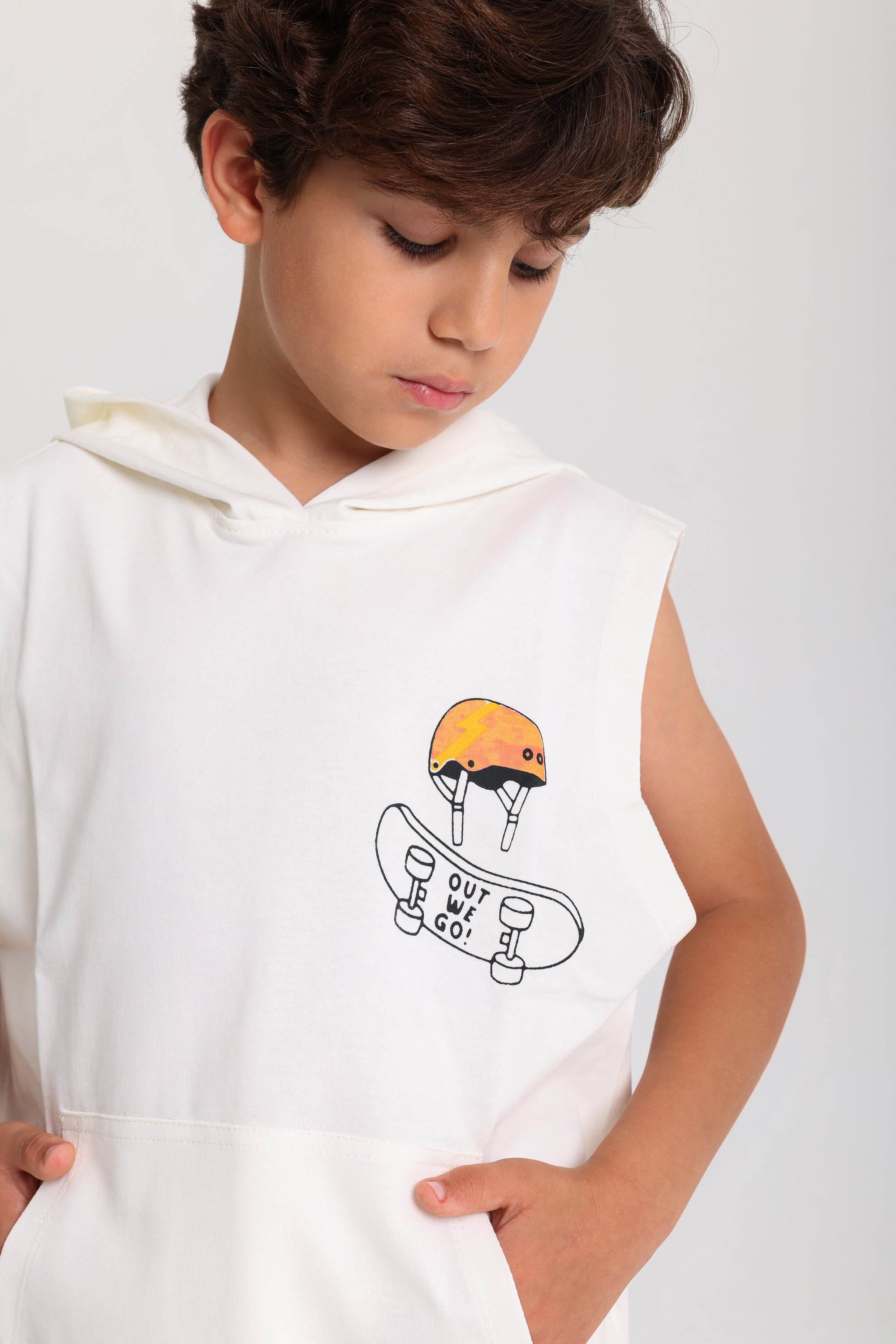 boys cotton hooded sleeveless t-shirt – off-white with "out we go" print