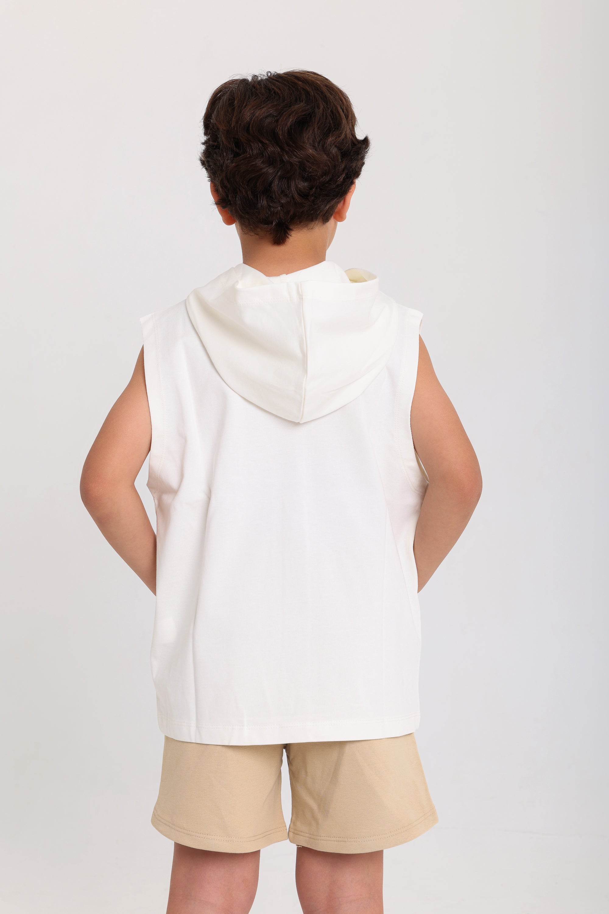 boys cotton hooded sleeveless t-shirt – off-white with "out we go" print