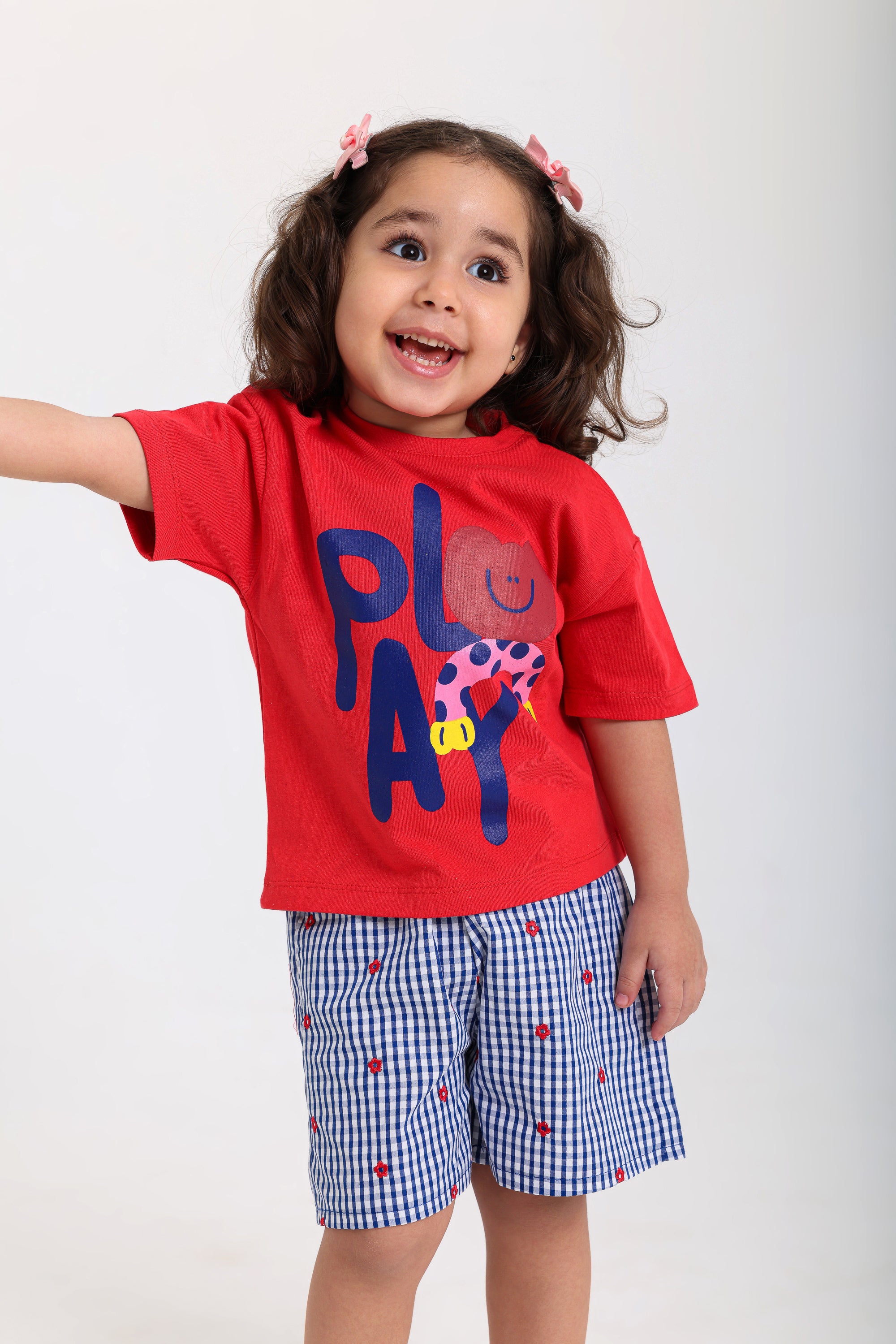 baby girls cotton outfit set – red & navy with "play" print