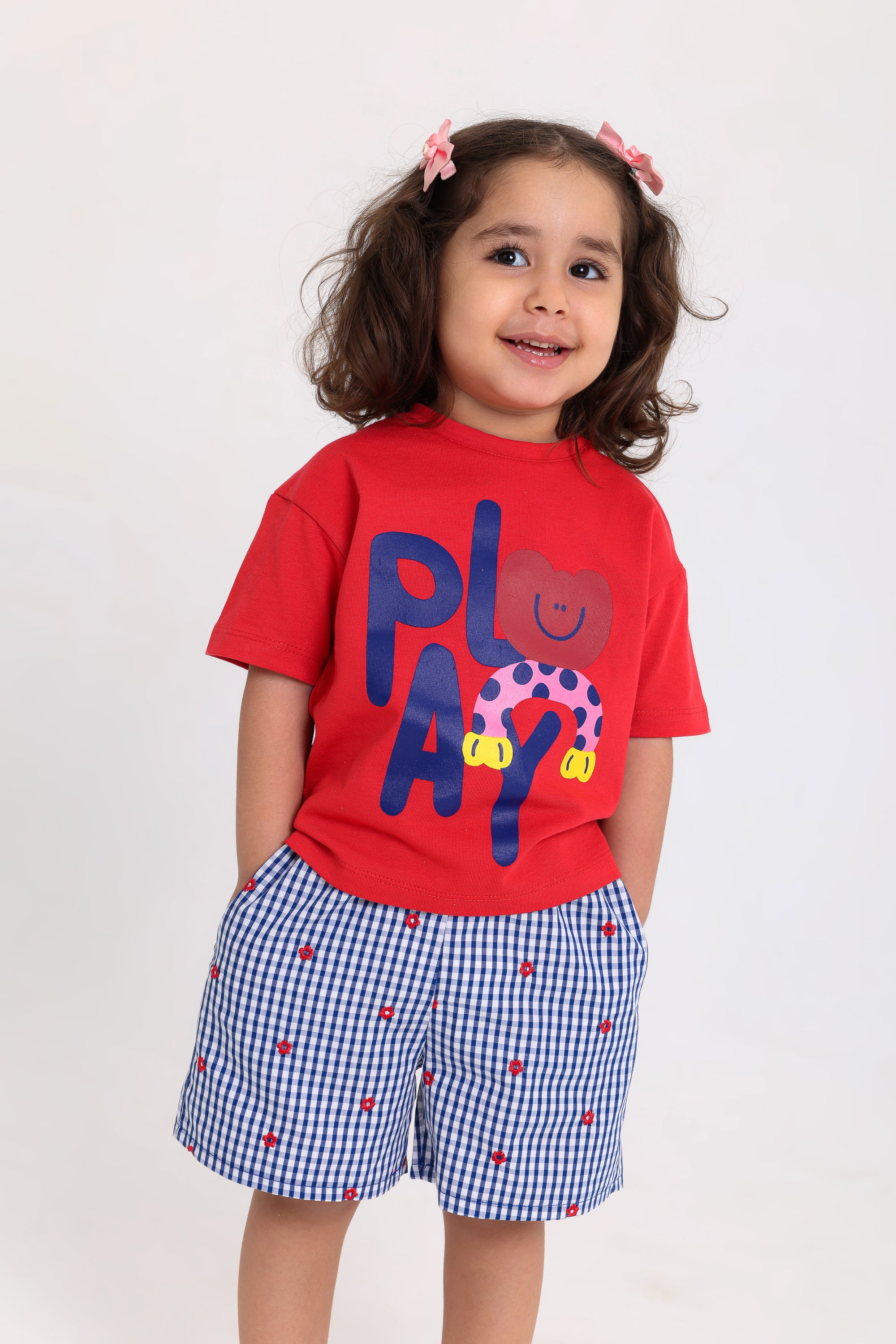 baby girls cotton outfit set – red & navy with "play" print