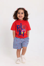 baby girls cotton outfit set – red & navy with "play" print