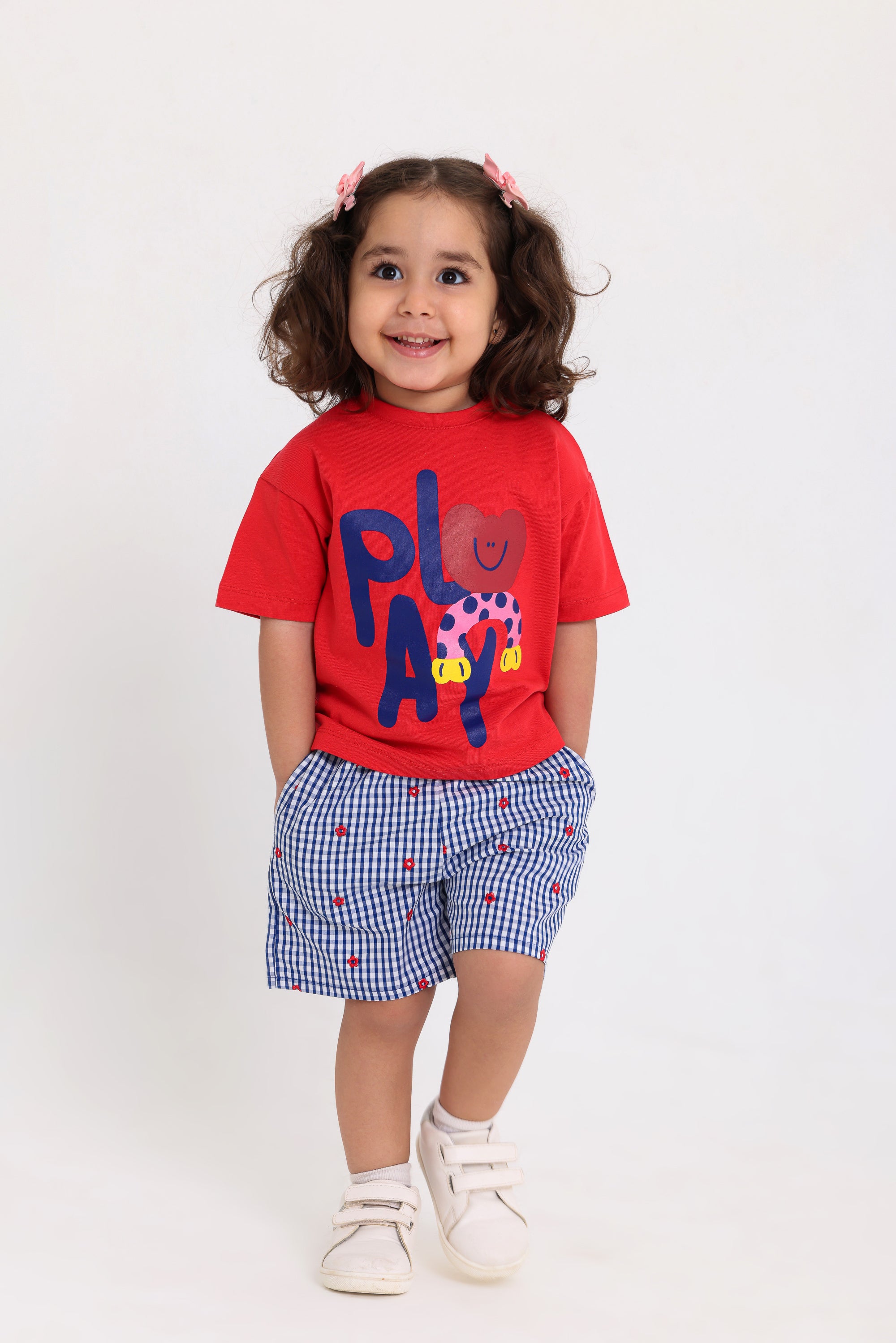 baby girls cotton outfit set – red & navy with "play" print
