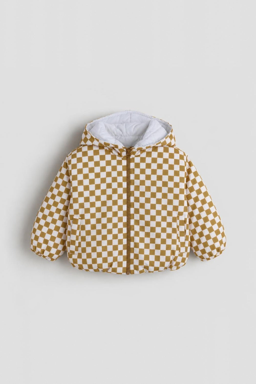 unisex baby waterproof hooded jacket – beige & white checkered – front