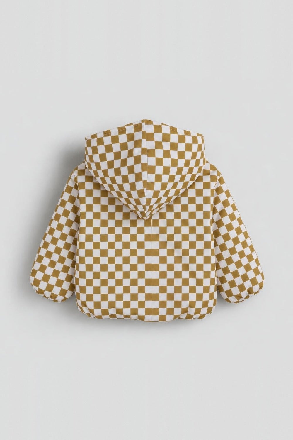 unisex baby waterproof hooded jacket – beige & white checkered – back