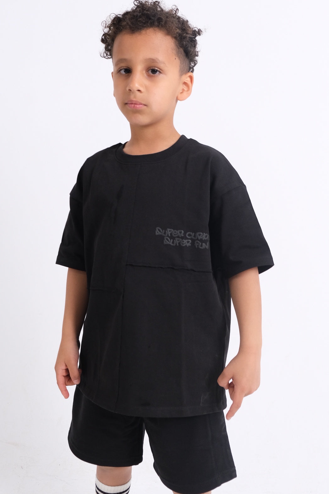 "super curious" paneled t-shirt
