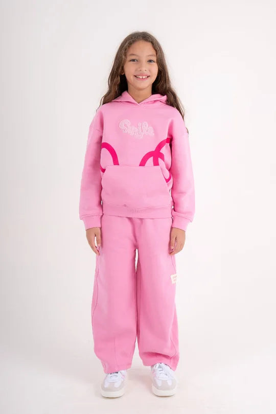 look: pink smile hoodie and fleece sweatpants