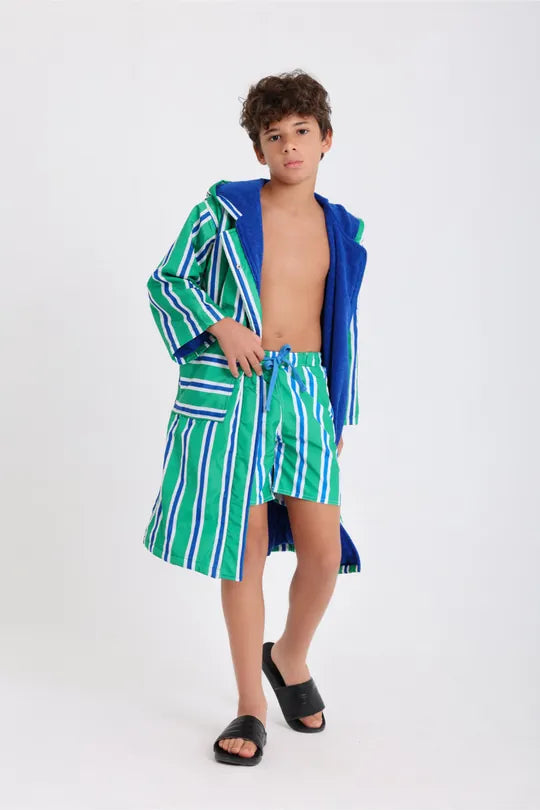 boys waterproof swim robe – green & white striped
