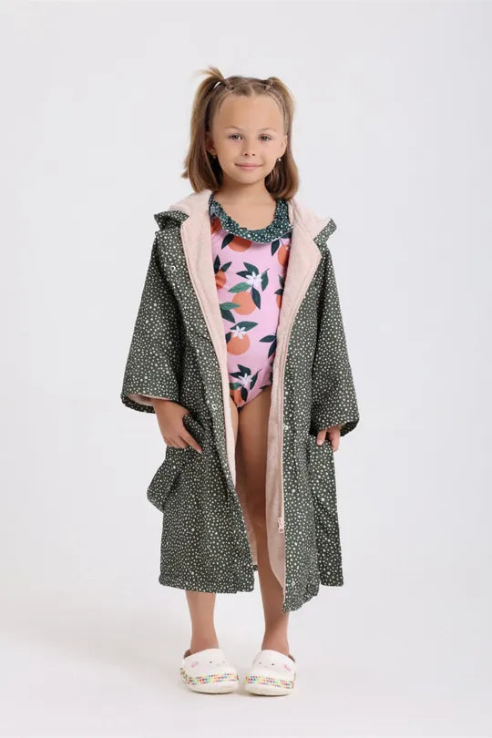 girls waterproof swim robe – olive with polka pattern